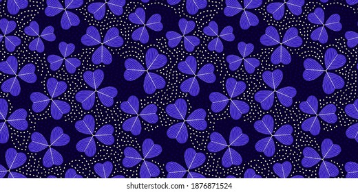 Multicolored seamless pattern with three-leaf clover. Repeat abstract botanical pattern. Vector illustration.