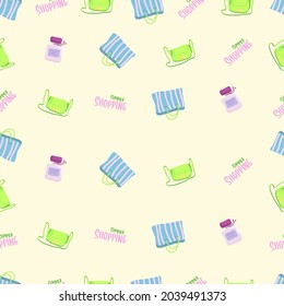 Multicolored seamless pattern with two types of bags, a bottle of perfume and the inscription summer shopping