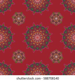 Multicolored seamless pattern. Vector sketch with multicolor ornament on a red background.