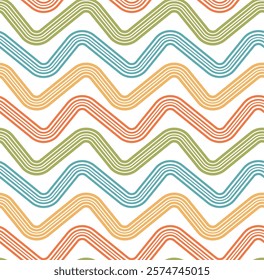 Multicolored seamless repeating pattern with horizontal wavy striped lines on a white background. Abstract wave sea. Linear texture. Geometric vector illustration.
