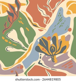 
Padrão vetorial multicolorido sem emenda com morcegos de diferentes formas e cores e elementos de planta estilizados.