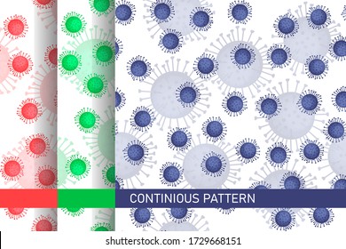 Multicolored seamless Сovid-19 virus patterns. Сovid-19 virus backgrounds for website, banner or presentation in blue, green and red colors. Flu virus texture on white background.
