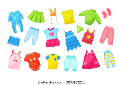 Multicolored seasonal childish clothes set. Ornamental cute wardrobe clothing for little boy or girl. Stylish wear baby pants, dress, overalls, t-shirt, sweater, trousers. Kids fashion cartoon vector