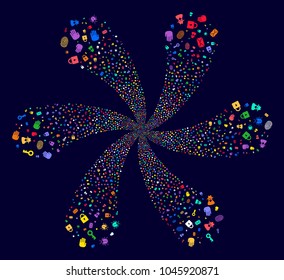 Multicolored Secret Service exploding flower with 6 petals on a dark background. Vector abstraction. Hypnotic curl composed from randomized secret service objects.