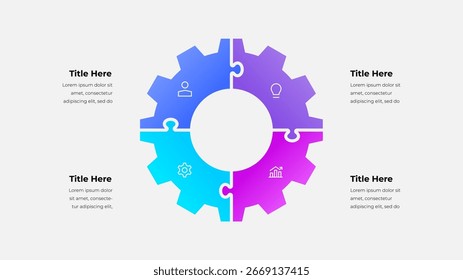 Multicolored segmented gear design infographic with icons representing business concepts and workflows, designed on a white background with placeholder titles and explanatory text included