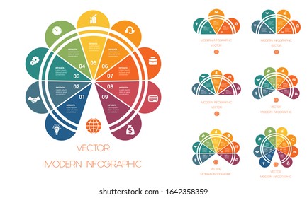 Multi-colored semicircles. Infographic templates with text areas with 3,4,5,6,7,8,9 positions. 