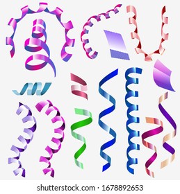 Multicolored serpentine with line texture on surface. Vector serpantine pieces isolated on white background.