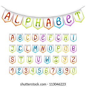 Multicolored set of alphabet and numbers' bunting flags