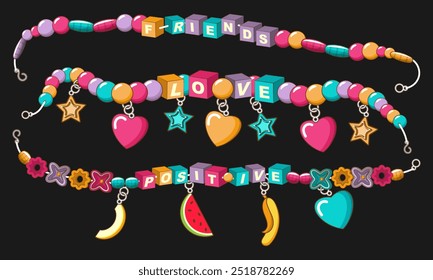 Contas e pulseiras multicoloridas com inscrições motivacionais para crianças e adultos. Fundo preto. Conjunto de vetores