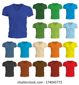 A multicolored set of blank tshirt templates. Easily change the shirt color by adjusting the color of the shape in the background.