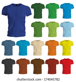 A multicolored set of blank tshirt templates. Easily change the shirt color by adjusting the color of the shape in the background.