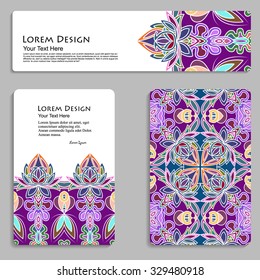 multicolored set of business card and header templates with hand drawn tribal ornament, mandala, for greeting, invitation card, or cover. Vector illustration