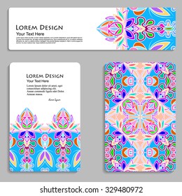 multicolored set of business card and header templates with hand drawn tribal ornament, mandala, for greeting, invitation card, or cover. Vector illustration