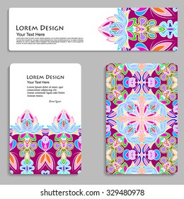 multicolored set of business card and header templates with hand drawn tribal ornament, mandala, for greeting, invitation card, or cover. Vector illustration