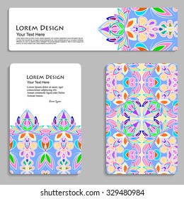 multicolored set of business card and header templates with hand drawn tribal ornament, mandala, for greeting, invitation card, or cover. Vector illustration