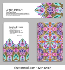 multicolored set of business card and header templates with hand drawn tribal ornament, mandala, for greeting, invitation card, or cover. Vector illustration