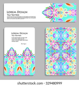 multicolored set of business card and header templates with hand drawn tribal ornament, mandala, for greeting, invitation card, or cover. Vector illustration
