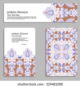multicolored set of business card and header templates with hand drawn tribal ornament, mandala, for greeting, invitation card, or cover. Vector illustration