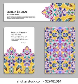 multicolored set of business card and header templates with hand drawn tribal ornament, mandala, for greeting, invitation card, or cover. Vector illustration