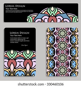 multicolored set of business card and header templates with hand drawn tribal ornament, mandala, for greeting, invitation card, or cover. Vector illustration