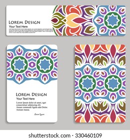 multicolored set of business card and header templates with hand drawn tribal ornament, mandala, for greeting, invitation card, or cover. Vector illustration