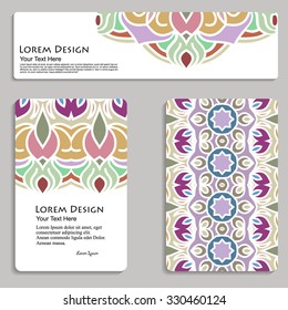 multicolored set of business card and header templates with hand drawn tribal ornament, mandala, for greeting, invitation card, or cover. Vector illustration