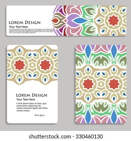 multicolored set of business card and header templates with hand drawn tribal ornament, mandala, for greeting, invitation card, or cover. Vector illustration