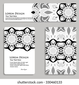 multicolored set of business card and header templates with hand drawn tribal ornament, mandala, for greeting, invitation card, or cover. Vector illustration
