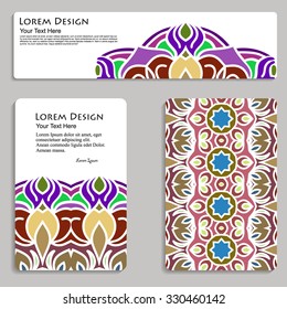 multicolored set of business card and header templates with hand drawn tribal ornament, mandala, for greeting, invitation card, or cover. Vector illustration