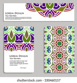 multicolored set of business card and header templates with hand drawn tribal ornament, mandala, for greeting, invitation card, or cover. Vector illustration