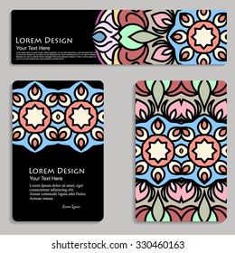 multicolored set of business card and header templates with hand drawn tribal ornament, mandala, for greeting, invitation card, or cover. Vector illustration