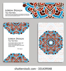 multicolored set of business card and header templates with hand drawn tribal ornament, mandala, for greeting, invitation card, or cover. Vector illustration