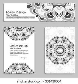multicolored set of business card and header templates with hand drawn tribal ornament, mandala, for greeting, invitation card, or cover. Vector illustration