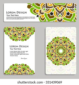 multicolored set of business card and header templates with hand drawn tribal ornament, mandala, for greeting, invitation card, or cover. Vector illustration
