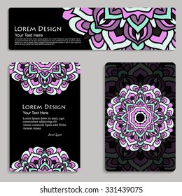 multicolored set of business card and header templates with hand drawn tribal ornament, mandala, for greeting, invitation card, or cover. Vector illustration