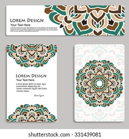 multicolored set of business card and header templates with hand drawn tribal ornament, mandala, for greeting, invitation card, or cover. Vector illustration