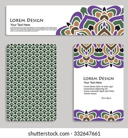 multicolored set of business card and header templates with hand drawn tribal ornament, mandala, for greeting, invitation card, or cover. Vector illustration