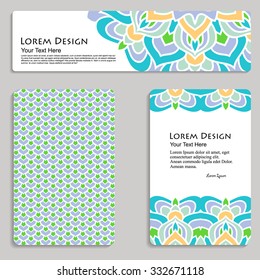 multicolored set of business card and header templates with hand drawn tribal ornament, mandala, for greeting, invitation card, or cover. Vector illustration