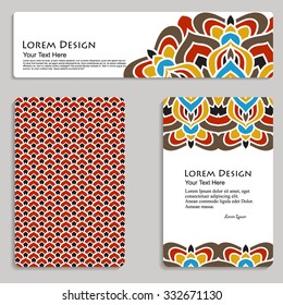 multicolored set of business card and header templates with hand drawn tribal ornament, mandala, for greeting, invitation card, or cover. Vector illustration