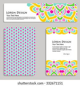 multicolored set of business card and header templates with hand drawn tribal ornament, mandala, for greeting, invitation card, or cover. Vector illustration