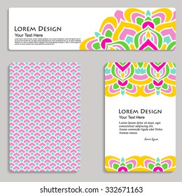 multicolored set of business card and header templates with hand drawn tribal ornament, mandala, for greeting, invitation card, or cover. Vector illustration