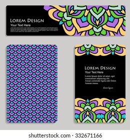 multicolored set of business card and header templates with hand drawn tribal ornament, mandala, for greeting, invitation card, or cover. Vector illustration