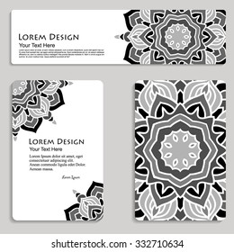 multicolored set of business card and header templates with hand drawn tribal ornament, mandala, for greeting, invitation card, or cover. Vector illustration