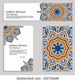 multicolored set of business card and header templates with hand drawn tribal ornament, mandala, for greeting, invitation card, or cover. Vector illustration