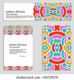 multicolored set of business card and header templates with hand drawn tribal ornament, for greeting, invitation card, or cover. Vector illustration