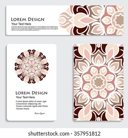 multicolored set of business card and header templates with hand drawn tribal ornament, mandala, for greeting, invitation card, or cover. Vector illustration