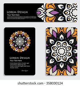 multicolored set of business card and header templates with hand drawn tribal ornament, mandala, for greeting, invitation card, or cover. Vector illustration