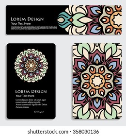 multicolored set of business card and header templates with hand drawn tribal ornament, mandala, for greeting, invitation card, or cover. Vector illustration