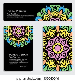 multicolored set of business card and header templates with hand drawn tribal ornament, mandala, for greeting, invitation card, or cover. Vector illustration