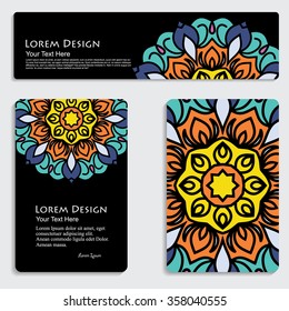 multicolored set of business card and header templates with hand drawn tribal ornament, mandala, for greeting, invitation card, or cover. Vector illustration